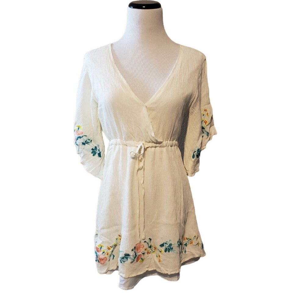 Jack womens short dress Ivory flutter‎ sleeves crinkle embroidered size XS NEW
